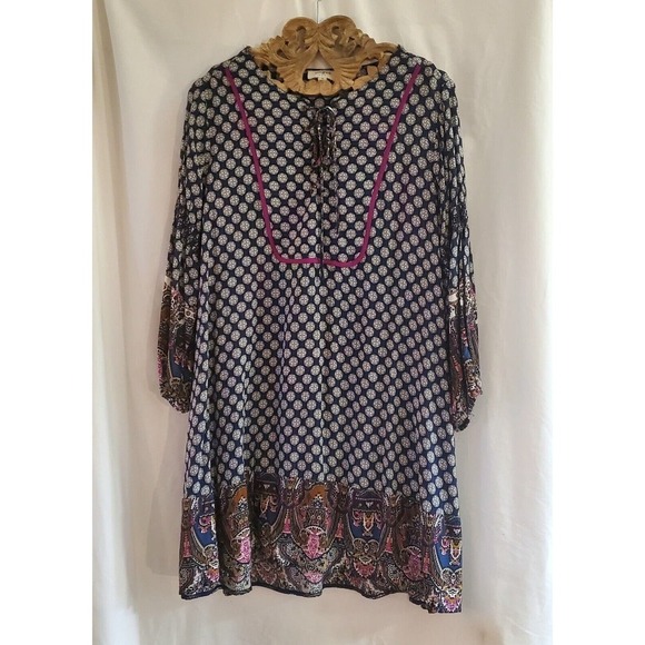 Umgee Dress Women's Size Medium Navy Peasant Boho 3/4 Sleeved Lace Up Front - Picture 1 of 4